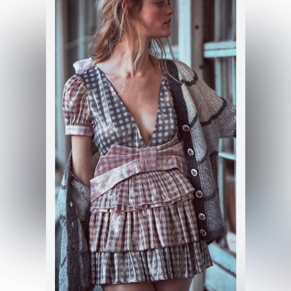 LoveShackFancy Lucinda metallic plaid tiered bow mini dress NWT